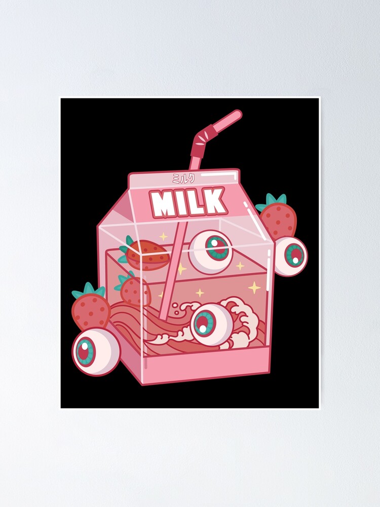 Weirdcore Aesthetic Kawaii Strawberry Milk Carton Eyeballs Poster By