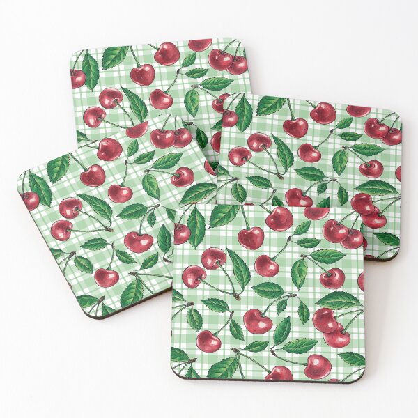 Item preview, Red cherries on light green gingham  designed and sold by Katerina Mitkova Kirilova.