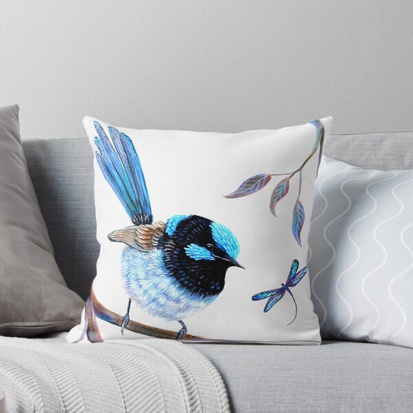Fairy Wren and Dragonflies Throw Pillow