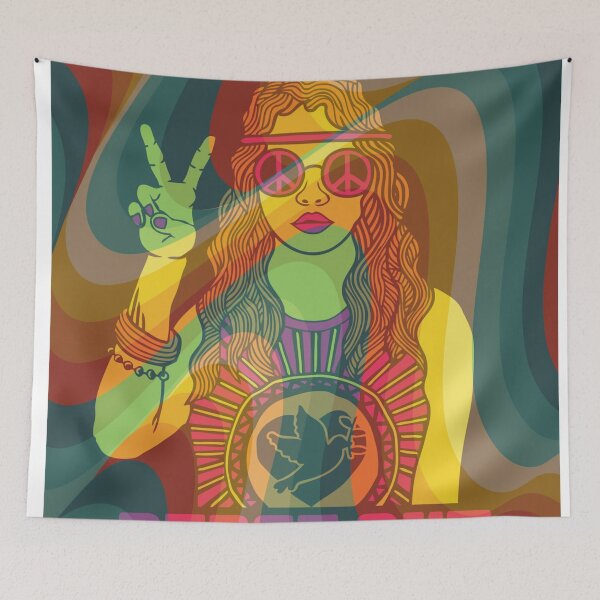 Item preview, peace out, retro hippy flower children colorful pattern designed and sold by Beeroclock.
