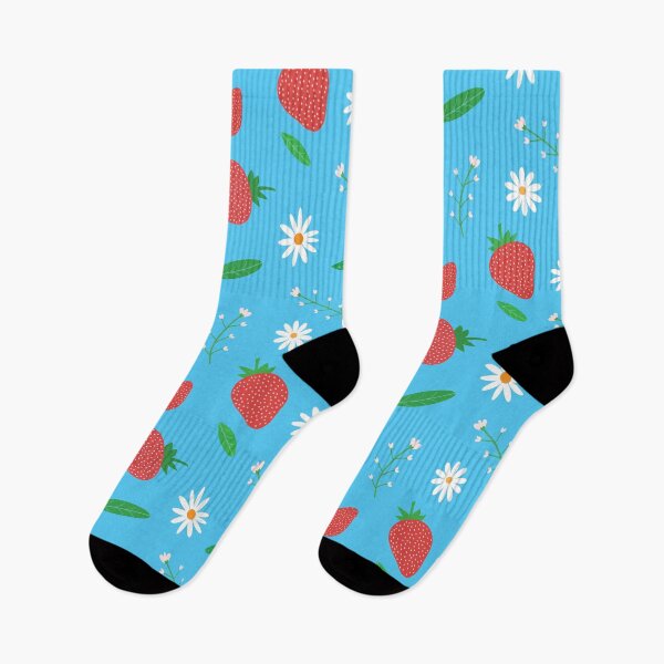 Item preview, Beautiful Strawberry pattern with daisy flower and leaves on blue background  designed and sold by Yasminepatterns .
