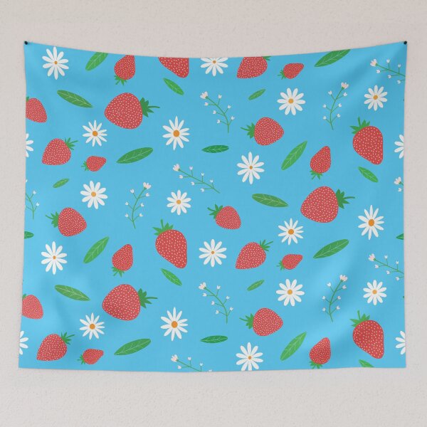 Item preview, Beautiful Strawberry pattern with daisy flower and leaves on blue background  designed and sold by Yasminepatterns .