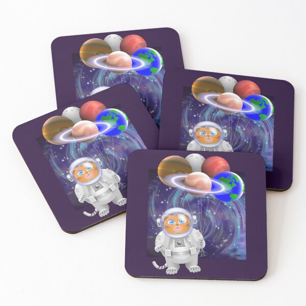 Item preview, Cartoon sad fat red cat astronaut hangs in space and holds a bunch of planets on threads in his paw, against the backdrop of a spiral galaxy. Jupiter, Earth, Mars, Saturn with rings and moon designed and sold by GAleksS.