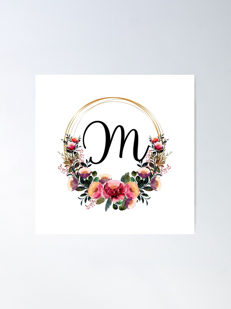 Letter M Monogram Floral Navy Blue and Burgundy Poster