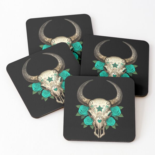 Item preview, Bull Sugar Skull with Teal Blue Roses designed and sold by JeffBartels.
