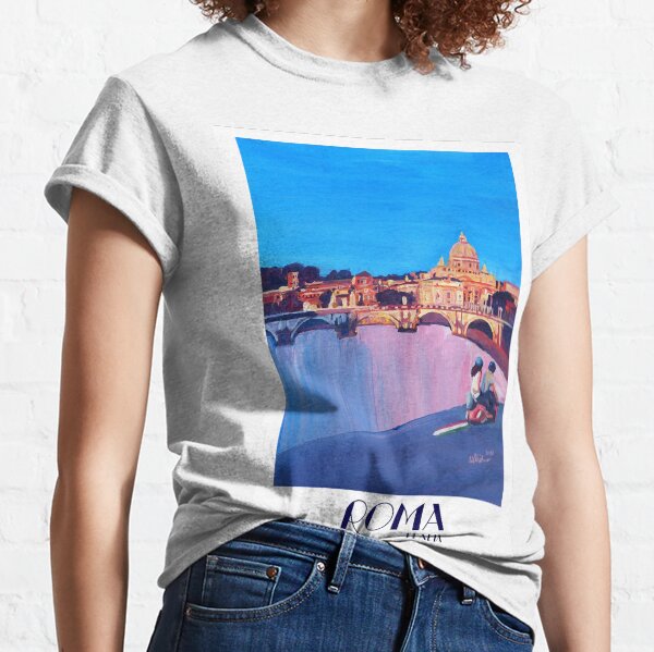 Rome scene with scooter and view on Vatican with dome of St. Peter - retro poster Classic T-Shirt
