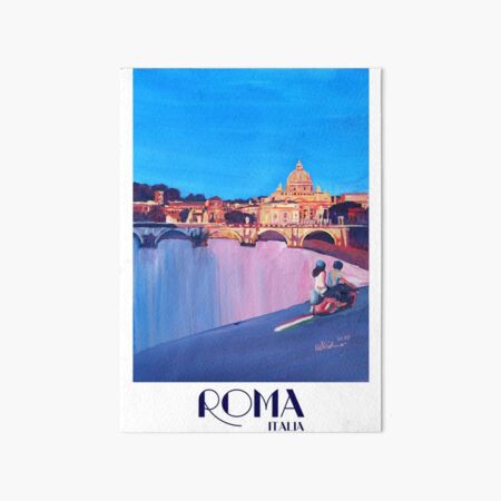 Rome scene with scooter and view on Vatican with dome of St. Peter - retro poster Art Board Print