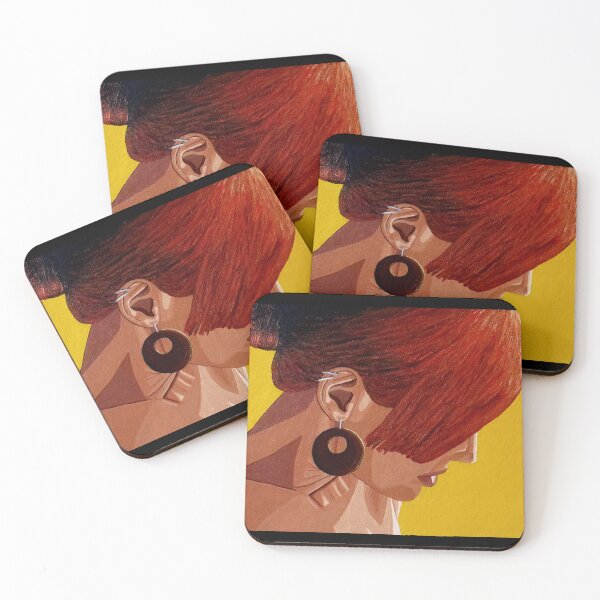 Item preview, Vermilion, a Pop art inspired portrait of woman with red hair and earring against yellow. designed and sold by HBBArtShop.