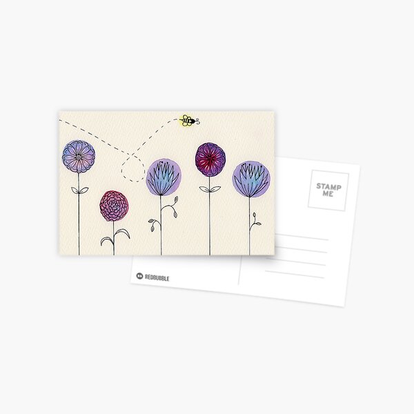 Pink, Purple and Blue Flowers and Bee Postcard