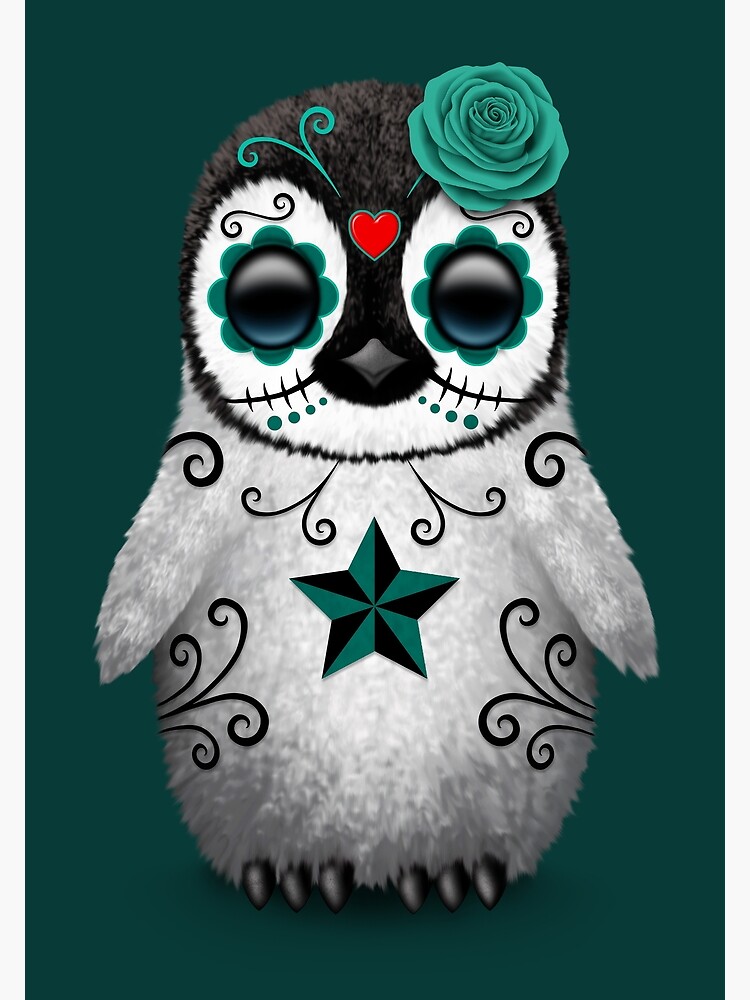 Thumbnail 2 of 2, Greeting Card, Teal Blue Day of the Dead Sugar Skull Penguin designed and sold by JeffBartels.