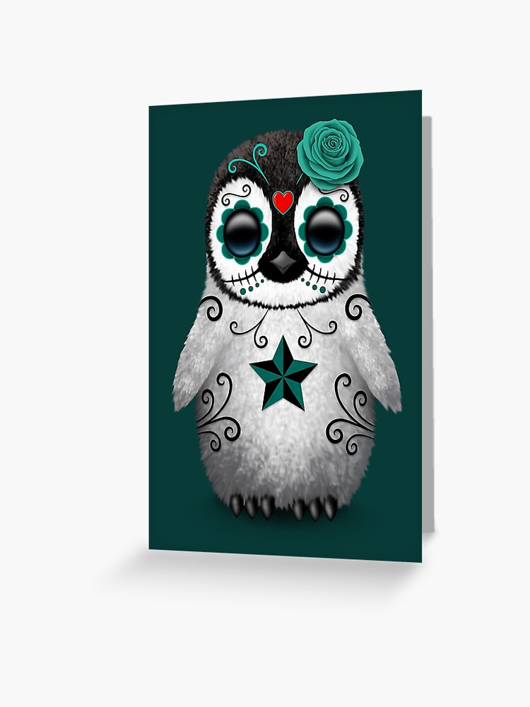 Thumbnail 1 of 2, Greeting Card, Teal Blue Day of the Dead Sugar Skull Penguin designed and sold by JeffBartels.