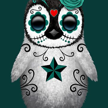 Artwork thumbnail, Teal Blue Day of the Dead Sugar Skull Penguin by JeffBartels