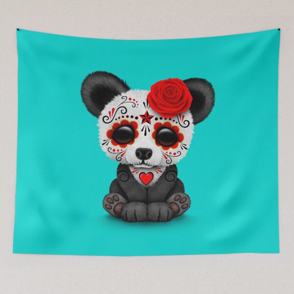 Item preview, Red Day of the Dead Sugar Skull Panda on Blue designed and sold by JeffBartels.