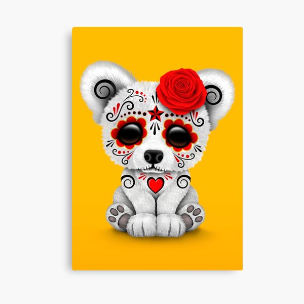 Red Day of the Dead Sugar Skull Polar Bear on Yellow Canvas Print