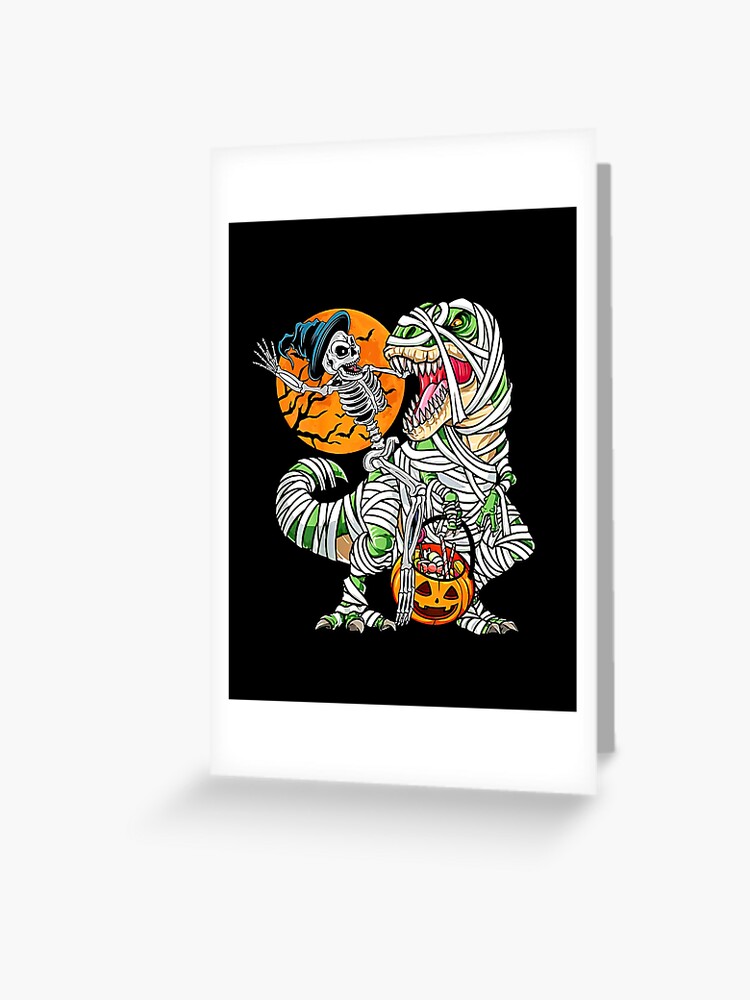 Skeleton Riding Mummy Dinosaur T Rex Halloween Kids Boys Men T-Shirt