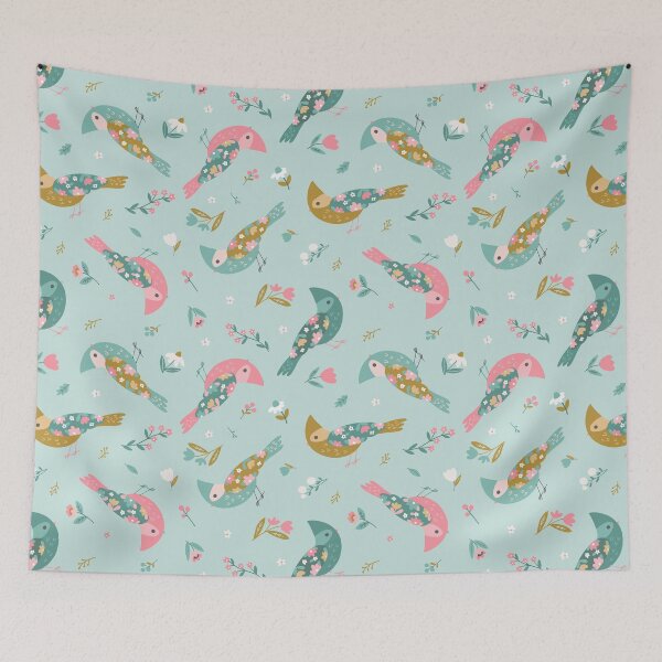 Item preview, Flower Garden Birds on Blue designed and sold by Heather Rosas.