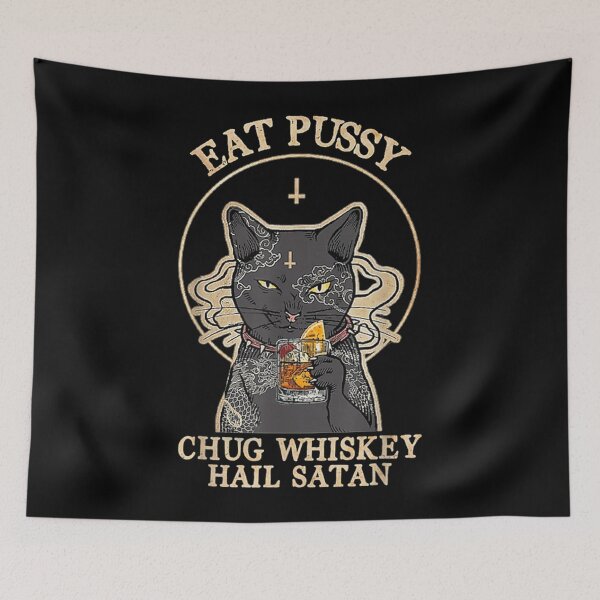 Item preview, Eat Pussy Chug Whiskey Hail Satan Black Cat Satan Tattoo Essential . designed and sold by maevurhencve.