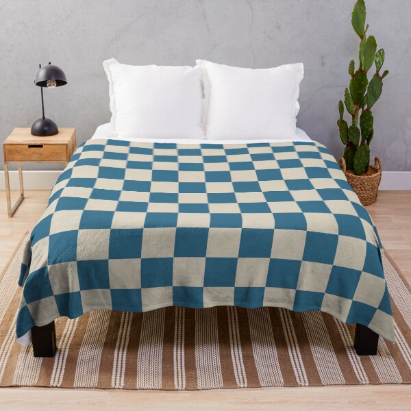 Checkerboard Check Checkered Pattern in Boho Blue and Beige Throw Blanket
