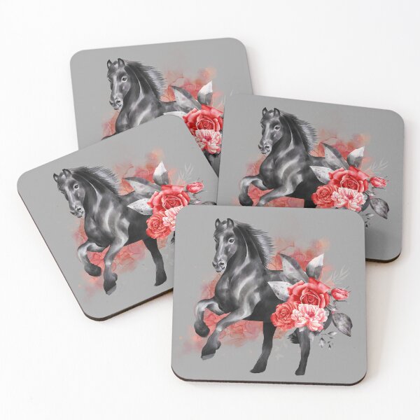 Item preview, A stunning black stallion horse, hand painted watercolor composition with pink and red vintage roses designed and sold by Orianah.