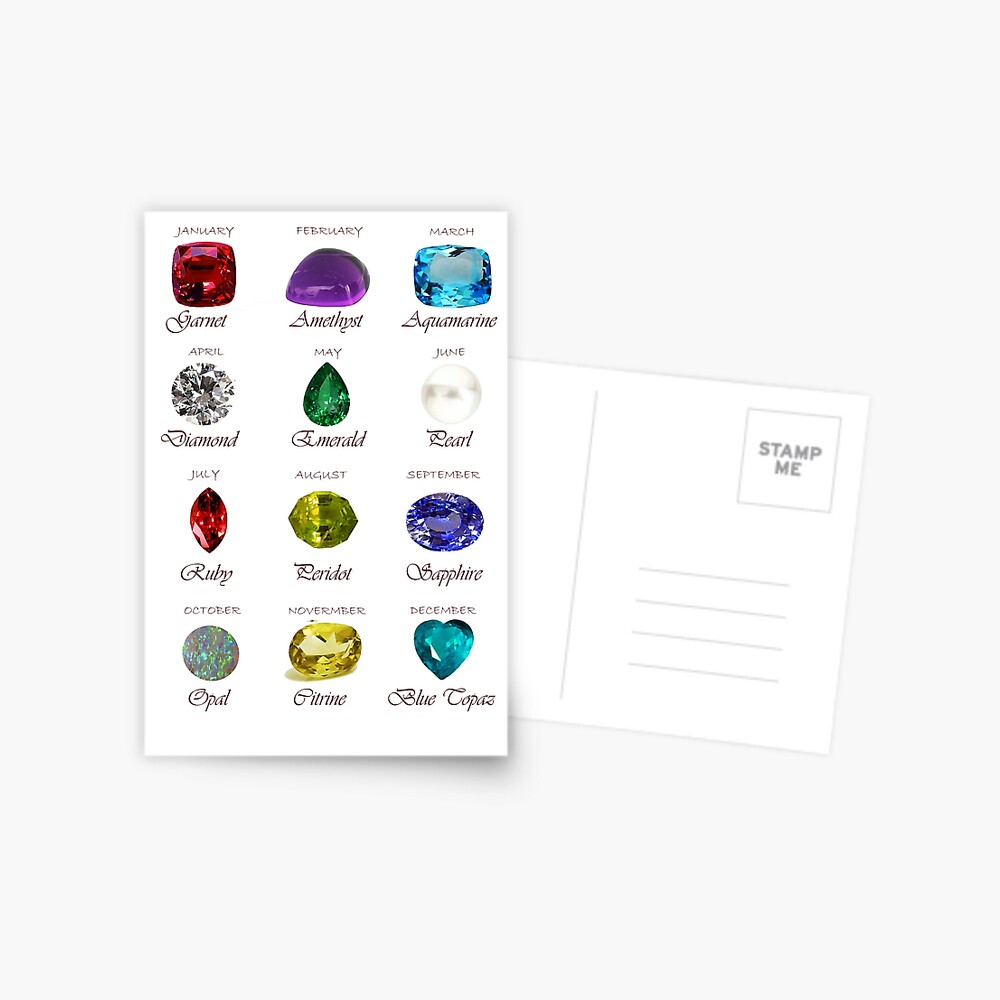 Birthstone chart with 12 Gemstones and 12 Months Greeting Card