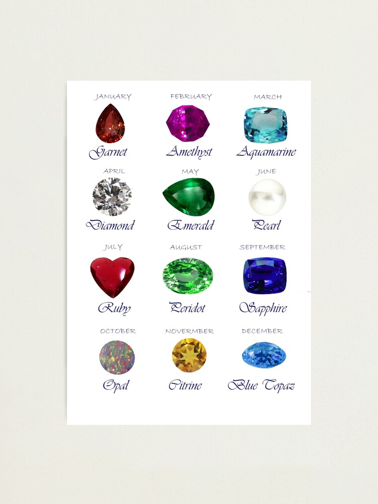 Birthstone chart with 12 Gemstones and 12 Months Photographic Print