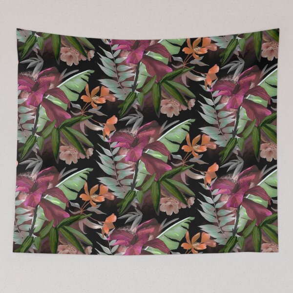 Item preview, tropical heaven trendy exotic floral pattern, leaves and flowers tropical pattern, botanical illustration, black floral illustration   designed and sold by ZeinabTaha.