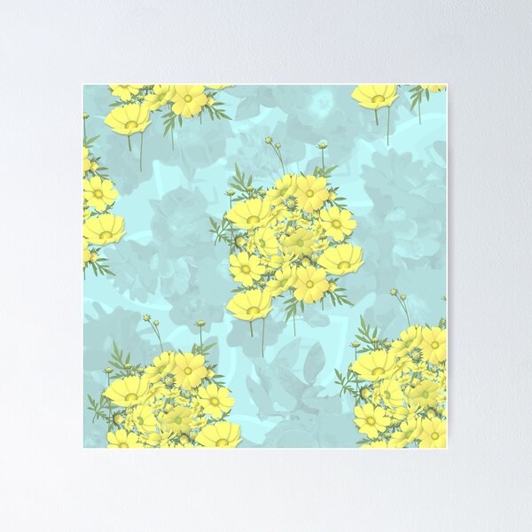 Item preview, Yellow Cosmos Flowers Nosegay on Light Blue Half-Drop Repeat 5748 designed and sold by Art in My Loft.
