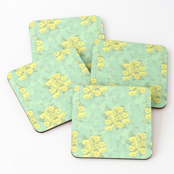 Item preview, Yellow Cosmos Flowers Nosegay on Pale Green with Swirls Half-Drop Repeat 5748 designed and sold by Art in My Loft.