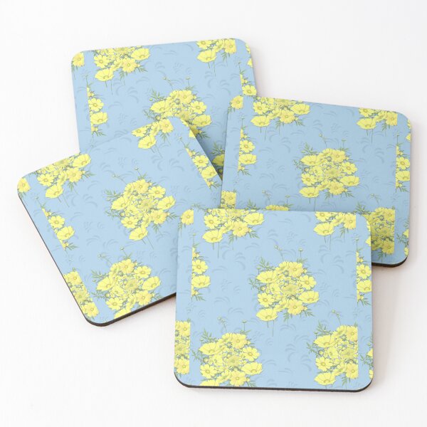 Item preview, Yellow Cosmos Flowers Nosegay on Soft Blue with Swirls Half-Drop Repeat 5748 designed and sold by Art in My Loft.