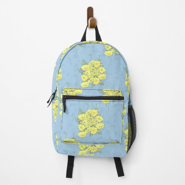 Item preview, Yellow Cosmos Flowers Nosegay on Soft Blue with Swirls Half-Drop Repeat 5748 designed and sold by Art in My Loft.