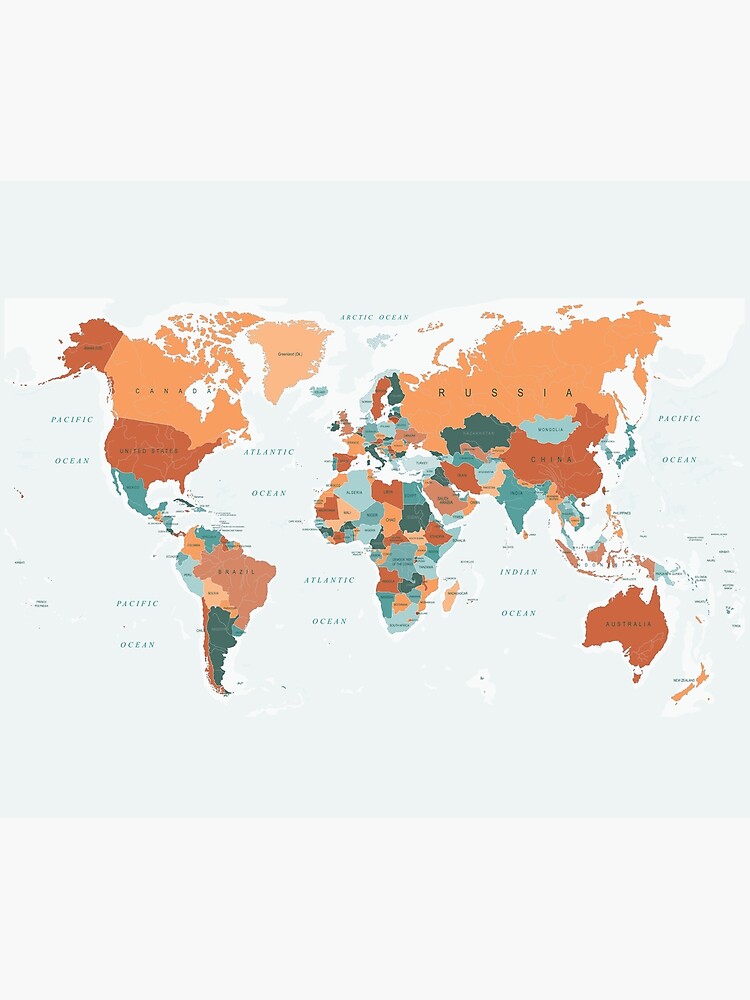 Map of the World in Burnt Orange and Teal by UrbanEpiphany