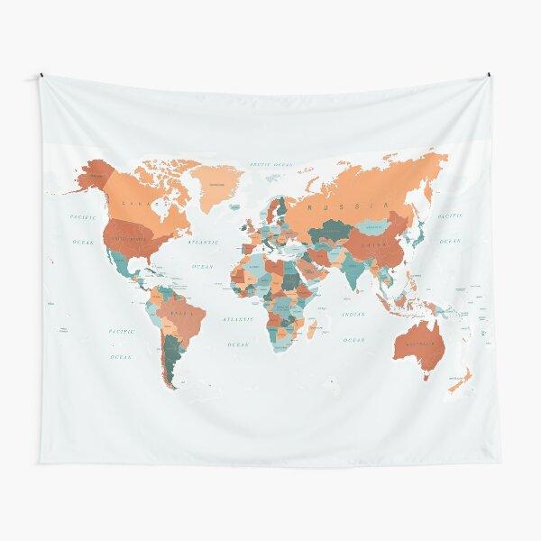 Map of the World in Burnt Orange and Teal Tapestry