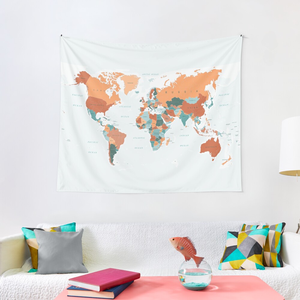 Map of the World in Burnt Orange and Teal Tapestry
