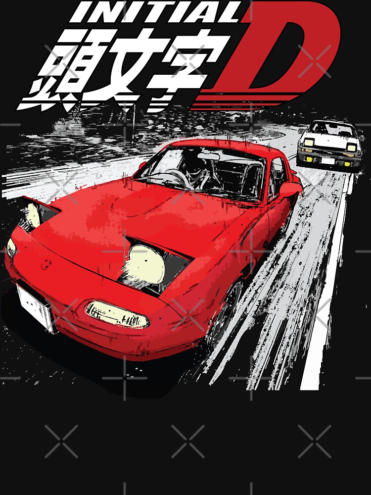 Initial D - Mountain Drift Racing Tandem Takumi Fujiwara AE86 vs Toru  Suetsugu's Eunos MX5 miata NA Roadster Essential T-Shirt for Sale by  cowtownCOWBOY