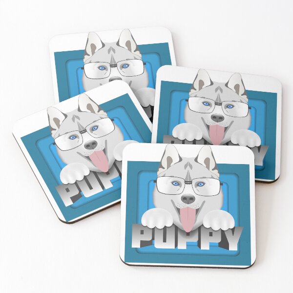 Item preview, Funny cartoon head of a husky puppy, paws and glasses, a volumetric inscription on a background of blue squares designed and sold by GAleksS.