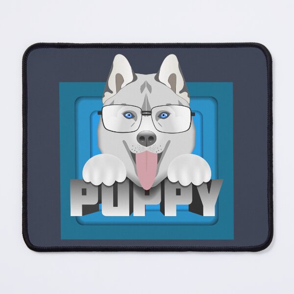 Item preview, Funny cartoon head of a husky puppy, paws and glasses, a volumetric inscription on a background of blue squares designed and sold by GAleksS.
