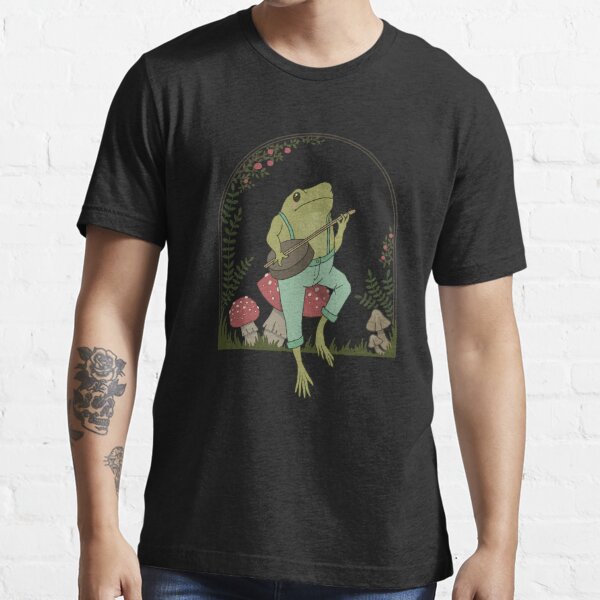 Cottagecore Aesthetic Frog Playing Banjo on Mushroom Cute Vintage - Goblincore Farmer Toad in Garden - Dark Academia Aesthetic Froggy - Emo Grugne Fairycore Foggie Essential T-Shirt