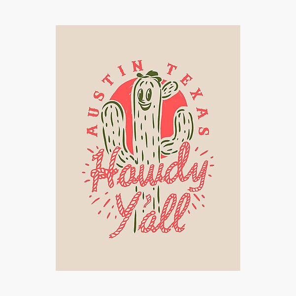 Item preview, HOWDY YALL - Austin Texas | Vintage Rope Text Green Cactus Smiling Prick and Retro Red Sun | Tan Sand Background designed and sold by PEARROT.