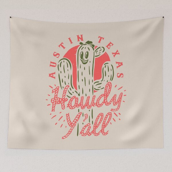 Item preview, HOWDY YALL - Austin Texas | Vintage Rope Text Green Cactus Smiling Prick and Retro Red Sun | Tan Sand Background designed and sold by PEARROT.