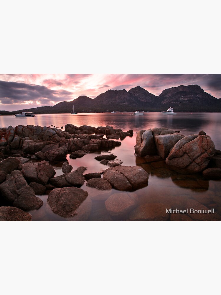Artwork view, New day dawns over "The Hazards", Coles Bay, Tasmania designed and sold by Michael Boniwell