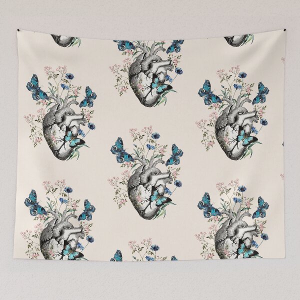 Item preview, Human heart anatomy with blue butterflies and flowers, floral art of human heart illustration designed and sold by Collagedream.