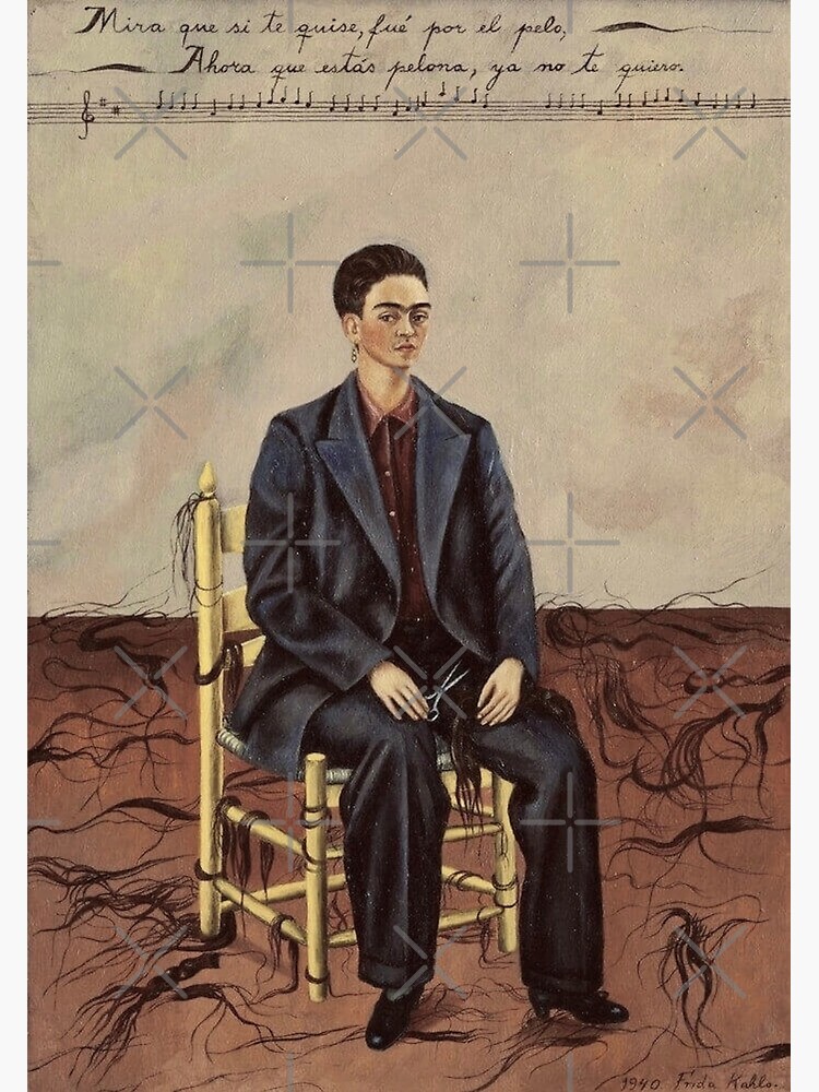 Aperçu 3 sur 3. Impression photo avec l'œuvre Autoportrait aux cheveux coupés par Frida Kahlo créée et vendue par FridaBubble.