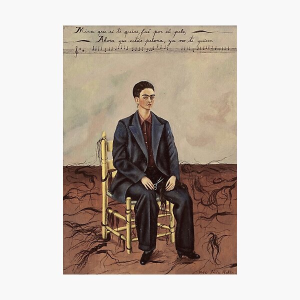 Vista previa del artículo con la obra «Autorretrato con cabello recortado de Frida Kahlo», diseñado y vendido por FridaBubble.
