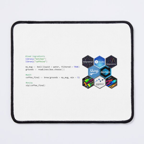 Item preview, R coffee code -- mug design for statisticians with hex packages designed and sold by statsandcats.