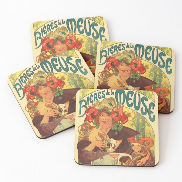 Beer BIERES DE LA MEUSE Advertisement Alphonse Mucha Art Nouveau Coasters (Set of 4)