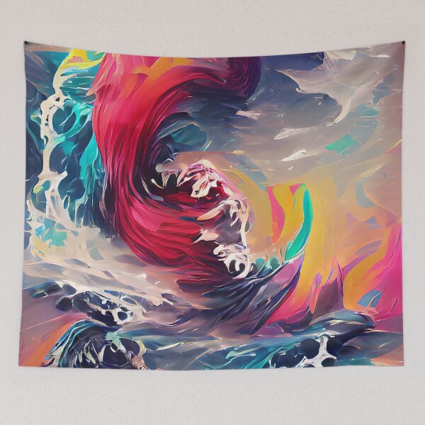 Item preview, Colourful crashing waves with pink, turquoise, blue and orange with bubbling white horses designed and sold by janesg.