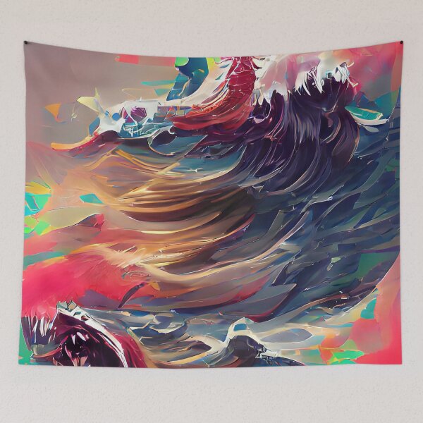 Item preview, Oil painting of crashing waves with pink, turquoise, blue and orange with bubbling white horses designed and sold by janesg.
