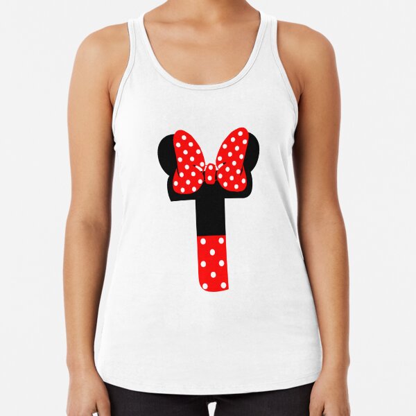 White knit V-neck tank top with black and red mickey and minnie print
