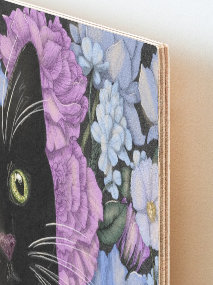 Alternate view of Little Black Garden Cat - Purple and Blue Flowers Mounted Print