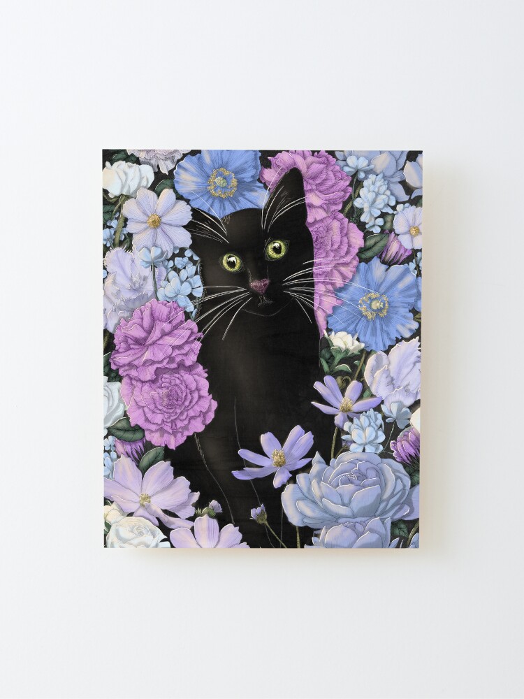 Alternate view of Little Black Garden Cat - Purple and Blue Flowers Mounted Print